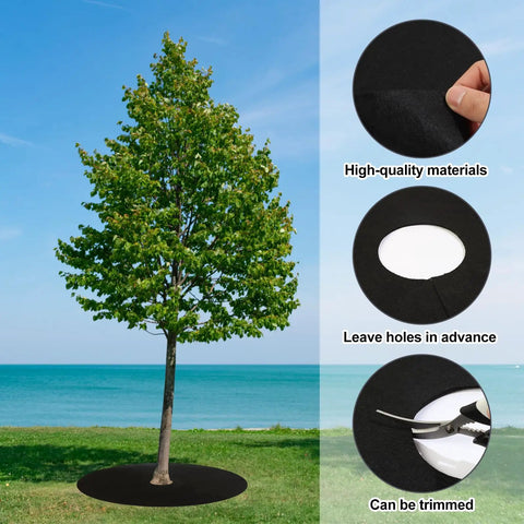 Tree with 4 Pack 32.2 Inch Non Woven Tree Mulch Rings, Weed Barrier Landscaping Fabric, detailed view of reusable ring features.