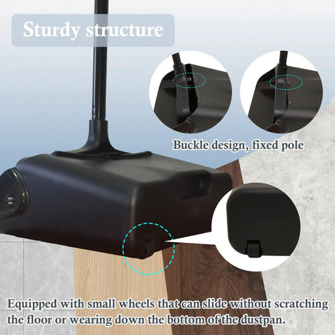 Heavy Duty Upright Standing Dustpan Built Different Tight Pivoting Base features sturdy structure with wheels for easy sliding on floors.