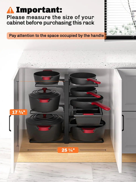Keep Your Kitchen Organized And Stress Free With This Heavy Duty Under Cabinet Pot Rack Featuring Eight Sturdy Tiers, showing pots inside cabinet.