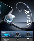 GaN 175W 3 Port Car Charger With USB C PD And QC Fast Charge cable connection with 48-inch length indicator