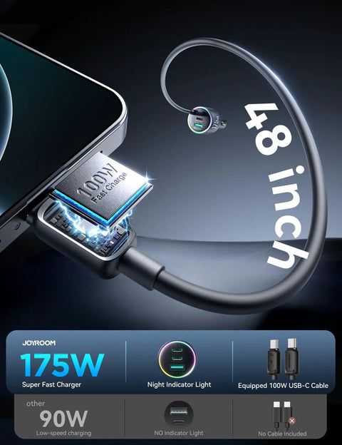 GaN 175W 3 Port Car Charger With USB C PD And QC Fast Charge cable connection with 48-inch length indicator