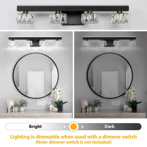 Three Light Crystal Bathroom Vanity Light Fixture Black Modern LED Wall Light 6000K Cool White Bath Light Over Mirror For Home And Master Bathrooms Looks Lit And Fresh