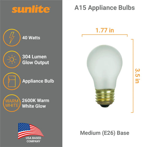 Incandescent A15 Appliance Light Bulbs 40W Dimmable 320 Lumens Frost Finish E26 Base 2600K Warm White Mercury Free 12 Count