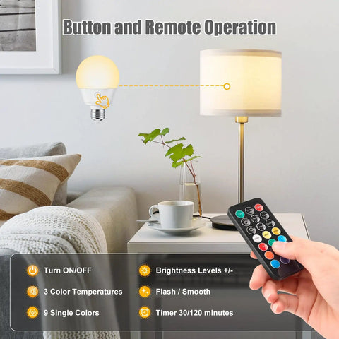 Remote-controlled lamp operation with hand holding remote near lit table lamp, illustrating vintage LED Edison bulbs set of 6 with 6W power.