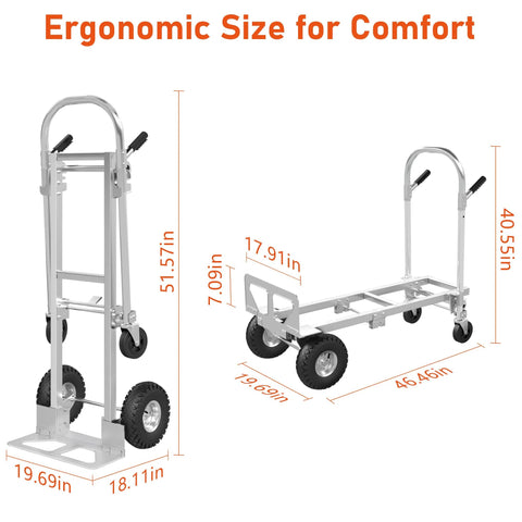 ZMRTDWO 800 lb folding hand truck and dolly, Amazon stainless steel, 2-in-1 convertible cart with side and front views