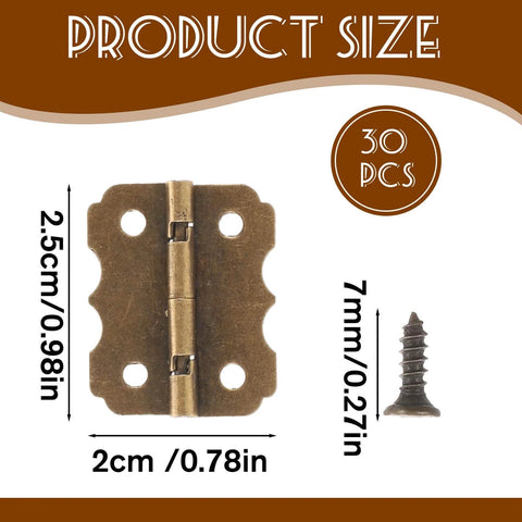 Bronze Antique Mini Hinges For Wooden Boxes 30 Piece Set With Screws 25x20mm shown with dimensions and screw