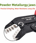 Close-up of powder metallurgy jaws on ratchet crimp tool, 45 steel, AWG 23-16 0.25-1.5 mm2, for automotive and electronics use.