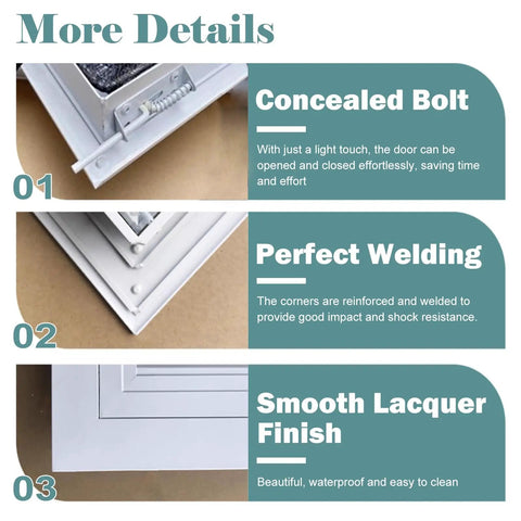 More details of Rock Solid 16X20 Aluminum Access Panel Door with concealed bolt, reinforced welding, and smooth lacquer finish.