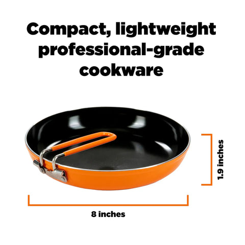 Summit Skillet Nonstick Camping Cookware For Backpacking Stoves, 8-inch ceramic-coated aluminum pan with handle folded