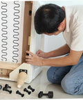 Man assembling furniture with No Sweat Setup Top Shelf Bed Screw And Bolt Set For Furniture Frames Cabinet Joints 170 Piece Heavy Duty Connecting Hardware Kit.