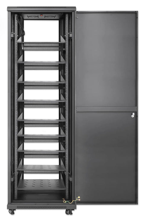Badass Heavy Duty 42U Floor Standing Network Server Rack Cabinet With Dual Roof Mounted Cooling Fans, showcasing open design and shelves.