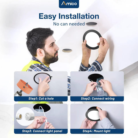 Amico 48 Pack 6 Inch LED Recessed Lighting, Canless Wafer Downlight, Black installation steps on ceiling.