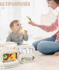 Mother and child with Five Piece Diaper Bag Organizer Set With Clear Waterproof Pouches, TSA Approved Toiletry Bags on floor