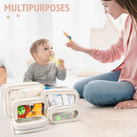 Mother and child with Five Piece Diaper Bag Organizer Set With Clear Waterproof Pouches, TSA Approved Toiletry Bags on floor