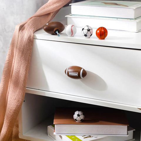 Eight Pcs Sports Ball Dresser Knobs For Kids Baseball Basketball Football Soccer Drawer Pulls With Screws Cabinet Handles For Nursery Decor Kid Friendly Classic Style on white dresser