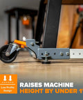Close-up of adjustable universal mobile base caster, low profile design, for heavy tools up to 400 lbs in garage or shop.