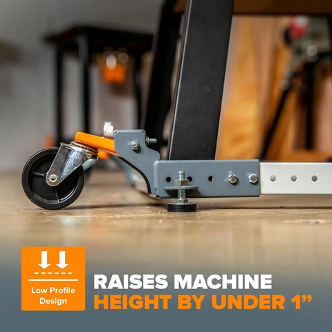Close-up of adjustable universal mobile base caster, low profile design, for heavy tools up to 400 lbs in garage or shop.