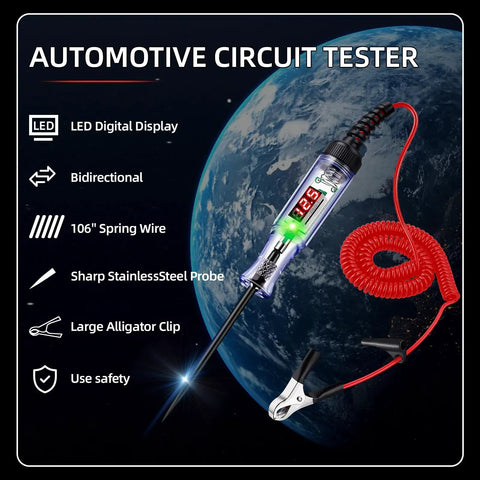 Automotive Test Light With 3 To 120V LED Digital Display And Dual Color Polarity Indicator, Pro Grade Electrical Test Pen With Sharp Steel Probe For Cars, RVs, Fuses And Electrical Troubleshooting, with 106" spring wire and alligator clip