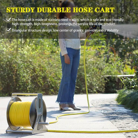 Heavy Duty Portable Hose Reel Cart with Extra Long Water Hose Beefy Stainless Steel Frame setup on patio with user pulling hose.