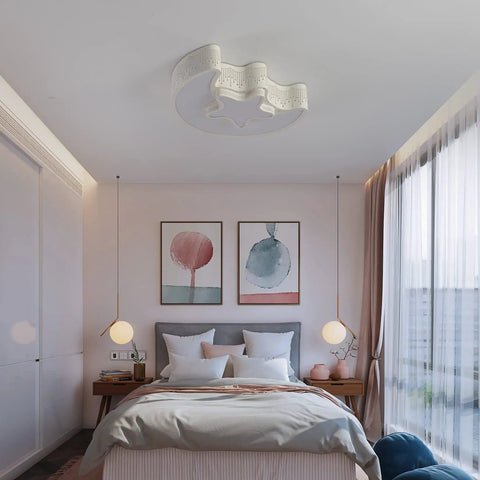 Close To Ceiling Kids Room Light Fixture With Moon And Star Shape Modern Metal Ceiling Chandelier In White 4000K Natural Glow
