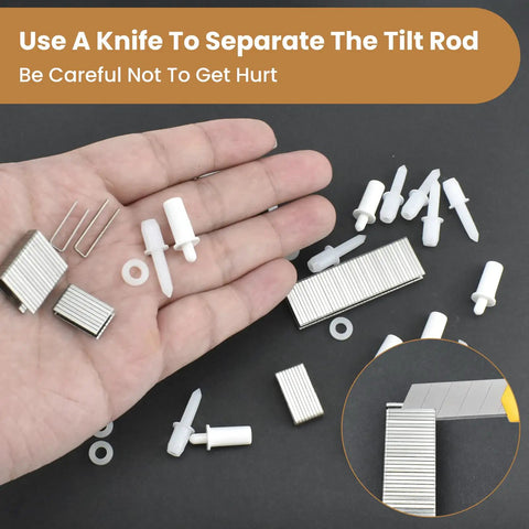 Complete 220 Piece Plantation Shutter Repair Toolkit Featuring Durable Steel Pins Bulk Louvers Staples Precision Washers And Heavy Springs For No Sweat Home Fixes showing metal pins and white plastic components in hand.