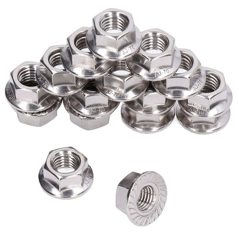 50Pcs Flange Nut Set Stainless Steel A2 70 DIN 1587 Rustproof Locking Nuts For M3 M4 M5 M6 M8 M10 M12 Bolts Heavy Duty Vibration Resistant Fasteners