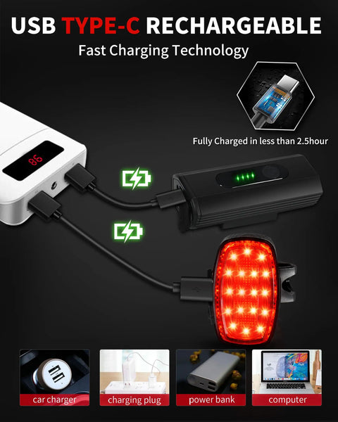 Rechargeable USB-C Bike Headlight With 4000LM Ultra Bright Front Light And Five Mode Taillight Waterproof Set charging via USB