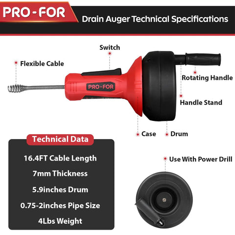Workhorse Manual Or Drill Powered Drain Snake With Sixteen Point Four Foot Manganese Steel Cable for tight pipe cleaning.