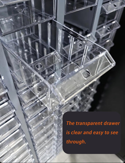 Rock Solid Storage Cabinet Featuring Super Smooth Sliding Rails For Stress Free Bolt Nut Screw Sorting And Quick Sample Access Keeping Workshops Totally Organized with transparent drawers for easy visibility.