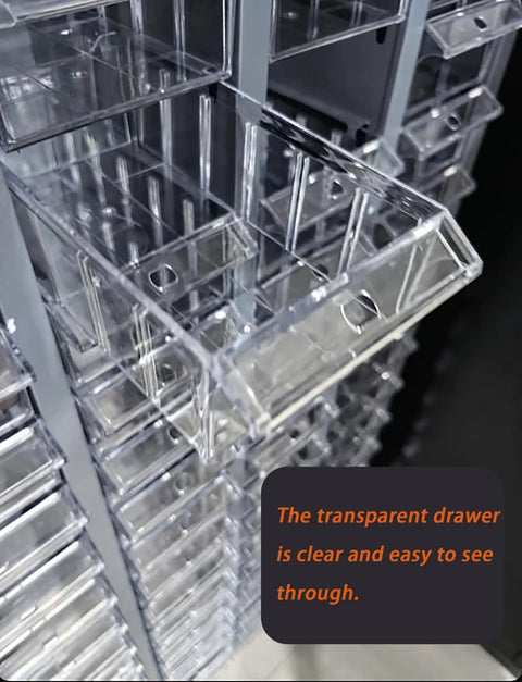 Rock Solid Steel Storage Cabinet With Sixty Clear Drawers For Small Parts Organization And Hardware Sorting Super Heavy Duty Rig shows a clear drawer for easy visibility.