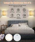 Bedroom with Wall Sconce With Fabric Shade 2 Pack Remote Control RGB LED Lighting Dimmable Lamps on wall above bed.