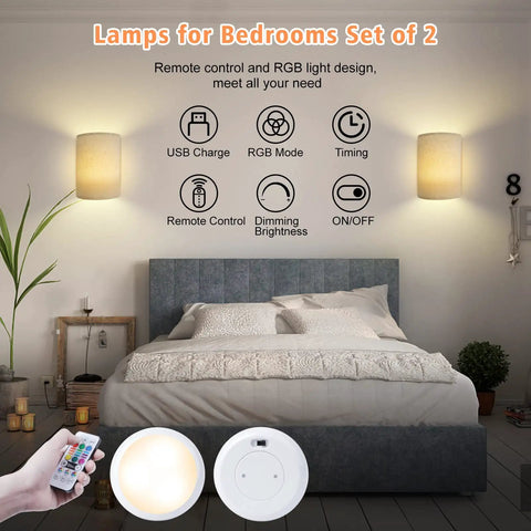Bedroom with Wall Sconce With Fabric Shade 2 Pack Remote Control RGB LED Lighting Dimmable Lamps on wall above bed.