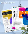 Two colorful poster designs; one for a business conference with text layout, and one modern abstract design with geometric shapes.