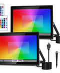 RGB LED Flood Lights 1000W Equivalent Outdoor IP66 Waterproof 2 Pack With Remote showcasing vibrant colors and accessories.