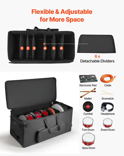 No Sweat Electronic Drum Roller Case With Thick Cushioning And Easy Rollin Wheels, Large Travel Softcase With Removable Dividers And Side Pockets For Touring Musicians, Black showing adjustable interior with six dividers and various drum equipment.
