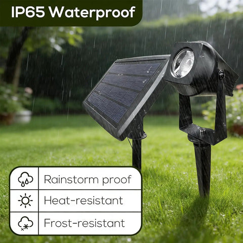 Zero Cost Solar Landscape Lights Outdoor Waterproof Auto On Off Dusk To Dawn Solar Powered Landscape Lighting For Yard Garden Lawn Fence Wall Tree Plant Patio Pathway Warm White No Electric Bill showcased in rain, highlighting IP65 waterproofing.