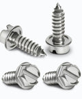 Heavy Duty Stainless Steel License Plate Screws Zero Rattle Bolt Set For Daily Drivers Silver slotted hex head bolts set of four.