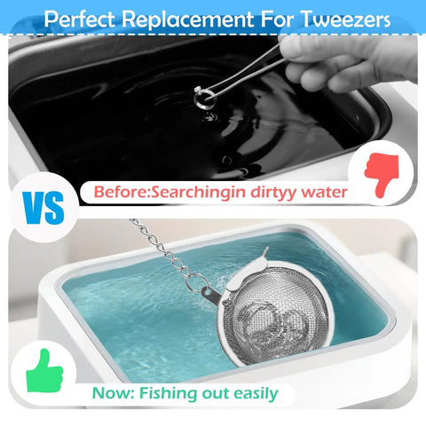 Four Pack Stainless Steel Ultrasonic Cleaner Baskets For Jewelry And Earrings Includes Two Large And Two Small Mesh Wash Baskets shown in use.