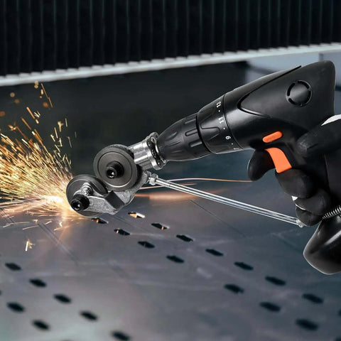 Powerful Electric Drill Plate Cutter Attachment for DIY sheet metal cutting in action on steel with sparks flying