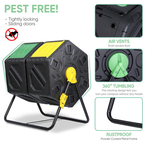 Outdoor 37 Gallon Dual Chamber Compost Bin With Tumbling Drum And Two Sliding Doors All Season Heavy Duty High Capacity Composter
