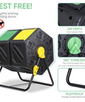 Dual Chamber Outdoor Compost Bin With 37 Gallon Capacity, BPA Free Plastic, Easy To Assemble, Heavy Duty PP Material, Two Big Compartments For Fast, Easy Soil Creation, Black with locking doors, air vents, and metal stand.