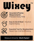 Wooden texture background with icons for precise measurement, ease of use, and woodworking efficiency, featuring brand text.