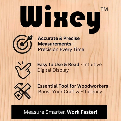 Wooden texture background with icons for precise measurement, ease of use, and woodworking efficiency, featuring brand text.
