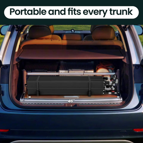 Folded Pop Up Canopy 10x10 Easy Up Tent With Wheels in car trunk, showing portability and compact storage