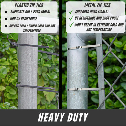 Comparison of plastic and Heavy Duty Stainless Steel Zip Ties 11.8 Inch 200 Pack 304 Self Locking Cable Ties on fence poles.