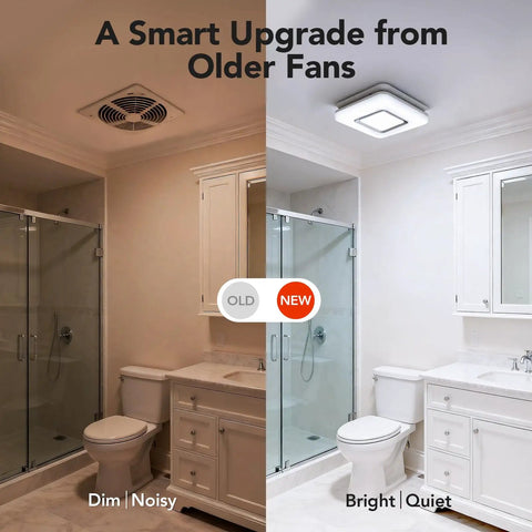 Comparison of old noisy fan to new Quiet 100 CFM Bathroom Exhaust Fan With Light, 1.5 Sones, 1500LM LED, and 3CCT Night Light