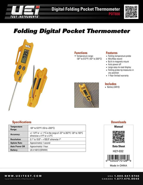 Pocket Digital Thermometer With Folding Probe Magnetic Mount And Large Display For HVAC And Field Work Yellow Rugged And Accurate Extended Temperature Range Go To Tool shown with probe open and mounted
