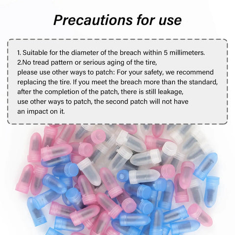 Precautions for use text with color-coded tire plugs from Pack Of 90 Tire Repair Kit With Plugs And Screwdriver, Do It Yourself Flat Tire Fix