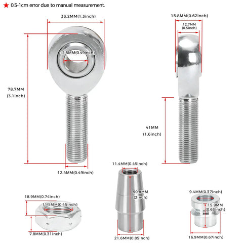 Beefed Up 1/2 Inch Heim Joints Rod End Kit with detailed measurements, chromoly panhard right and left hand thread tube adapter and jam nut