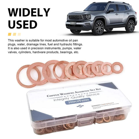 Copper Washer Kit 200 Piece Assortment For Oil Drain Plugs And Banjo Bolts Set with washers and car in background